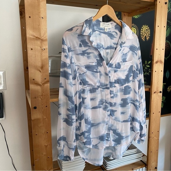 Anthropologie Cloth & Stone Blue Pink Watercolor Print Button Down Shirt Medium - Picture 5 of 15